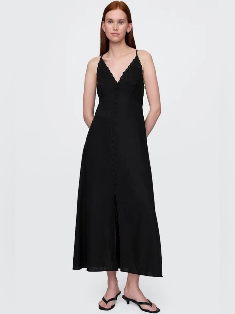 Gap • NWT Black V-Neck Slip Maxi Dress with Embroidered Trim